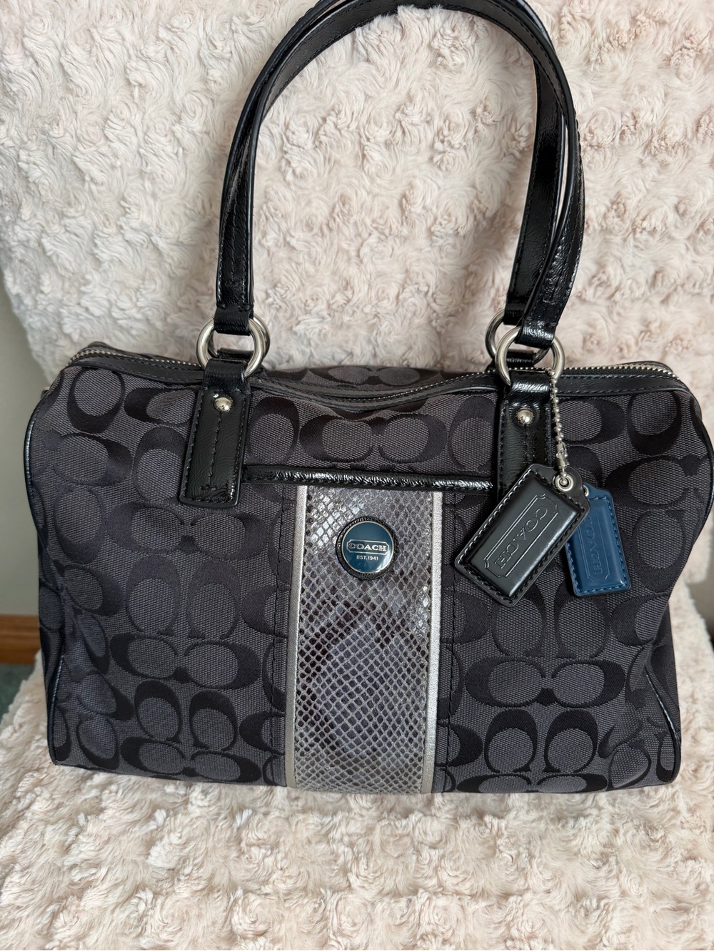 Coach Black Signature Canvas Shoulder Bag with Snakeskin Trim